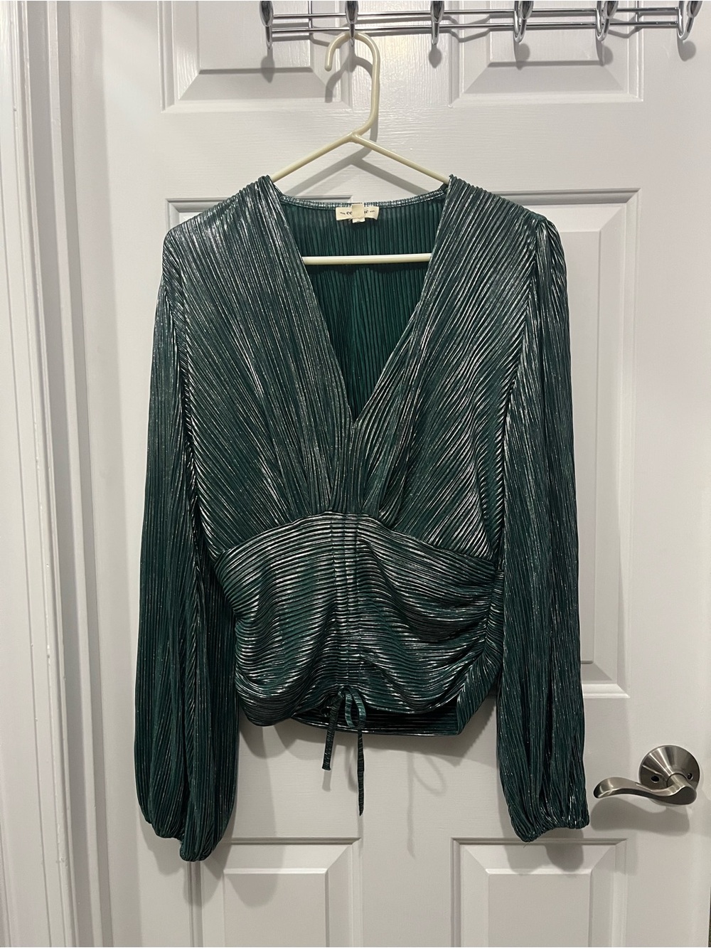 eesome Metallic Emerald Green Pleated V-Neck Blouse